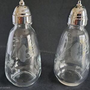 Princess House Etched Glass Salt and Pepper Set with Silver Caps